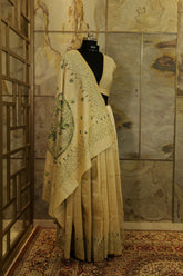 Off White Tussar Saree with Katha embroidery in olive green
